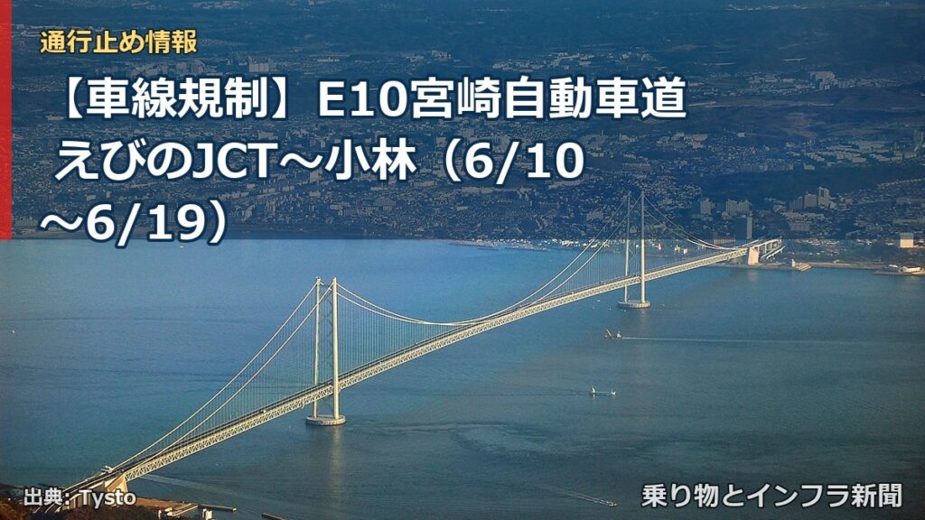 【車線規制】E10宮崎自動車道 えびのJCT～小林（6/10〜6/19）（乗り物とインフラ新聞）