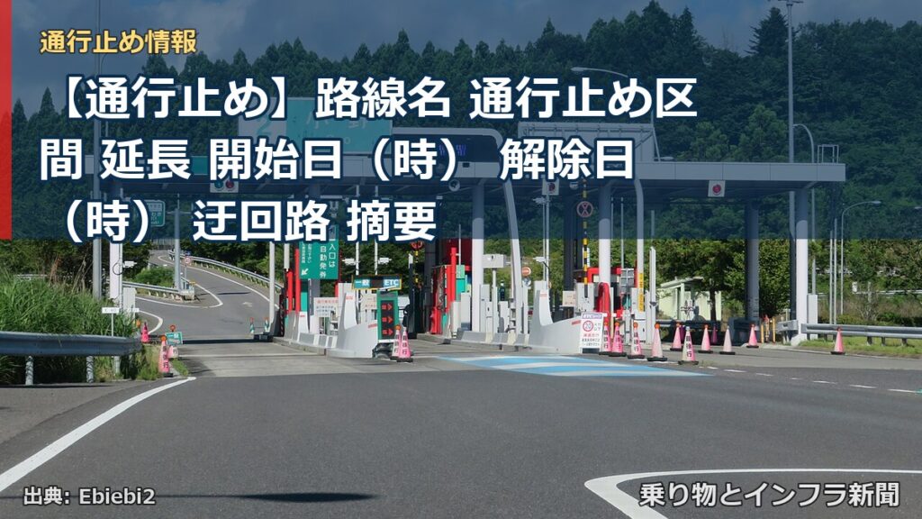 【通行止め】路線名 通行止め区間 延長 開始日（時） 解除日（時） 迂回路 摘要（乗り物とインフラ新聞）