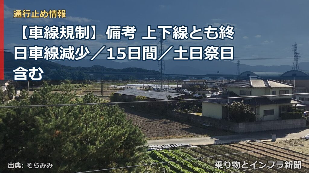 【車線規制】備考 上下線とも終日車線減少／15日間／土日祭日含む（乗り物とインフラ新聞）