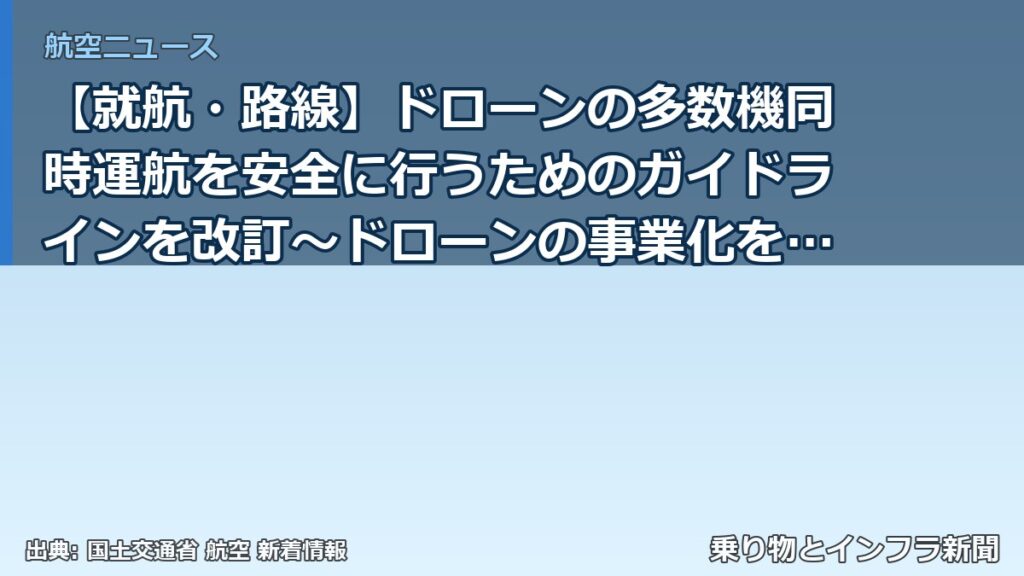【就航・路線】ドローンの多数機同時運航を安全に行うためのガイドラインを改訂～ドローンの事業化を強力に推進していきます～（乗り物とインフラ新聞）