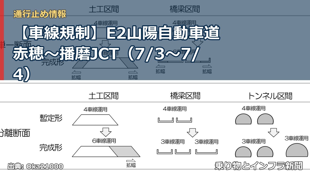 【車線規制】E2山陽自動車道 赤穂~播磨JCT(7/3〜7/4)(乗り物とインフラ新聞)