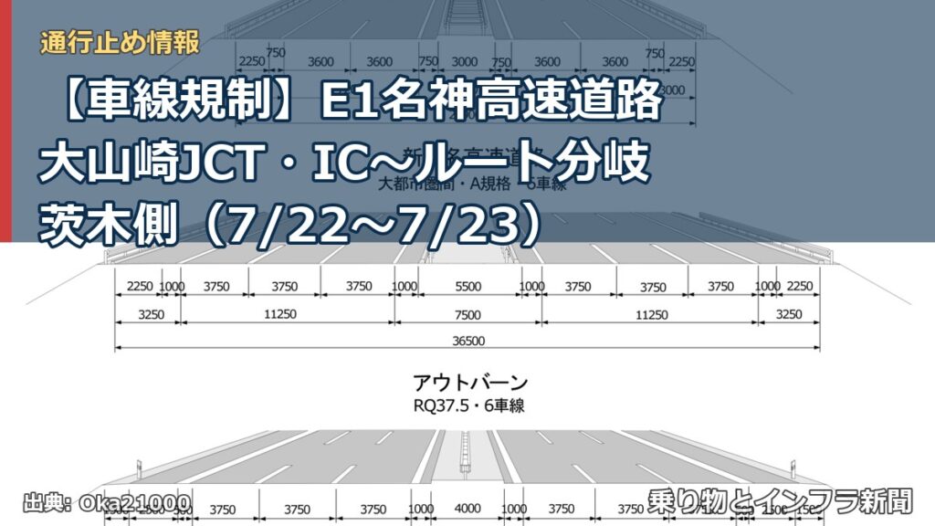【車線規制】E1名神高速道路 大山崎JCT・IC～ルート分岐茨木側（7/22〜7/23）（乗り物とインフラ新聞）
