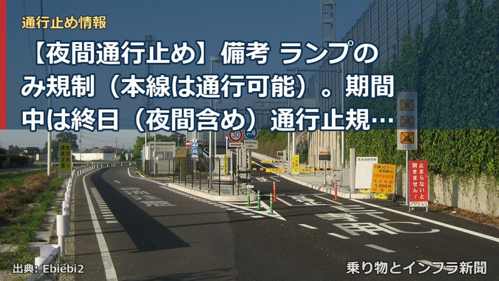 【夜間通行止め】備考 ランプのみ規制（本線は通行可能）。期間中は終日（夜間含め）通行止規制。（乗り物とインフラ新聞）