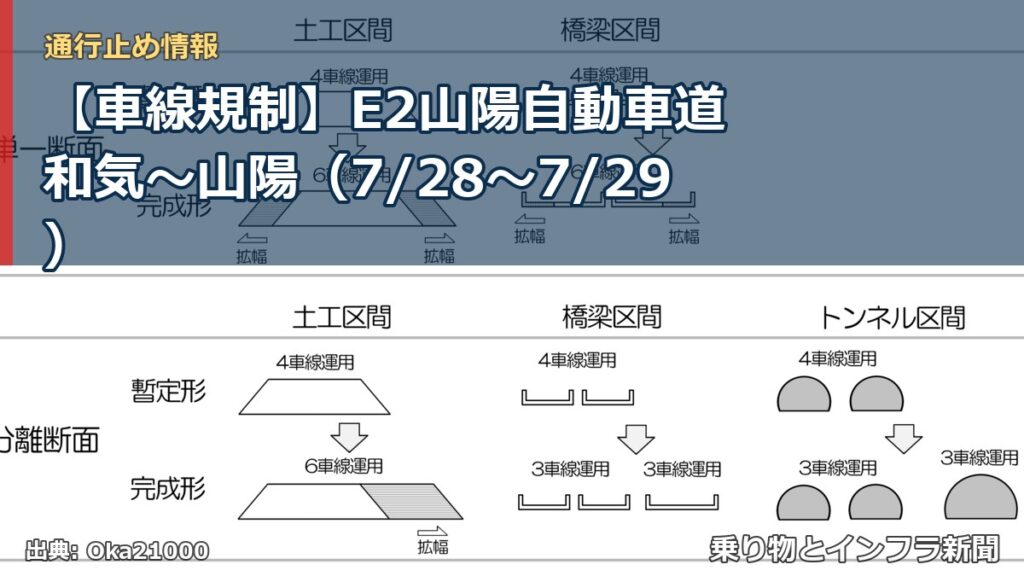 【車線規制】E2山陽自動車道 和気～山陽（7/28〜7/29）（乗り物とインフラ新聞）