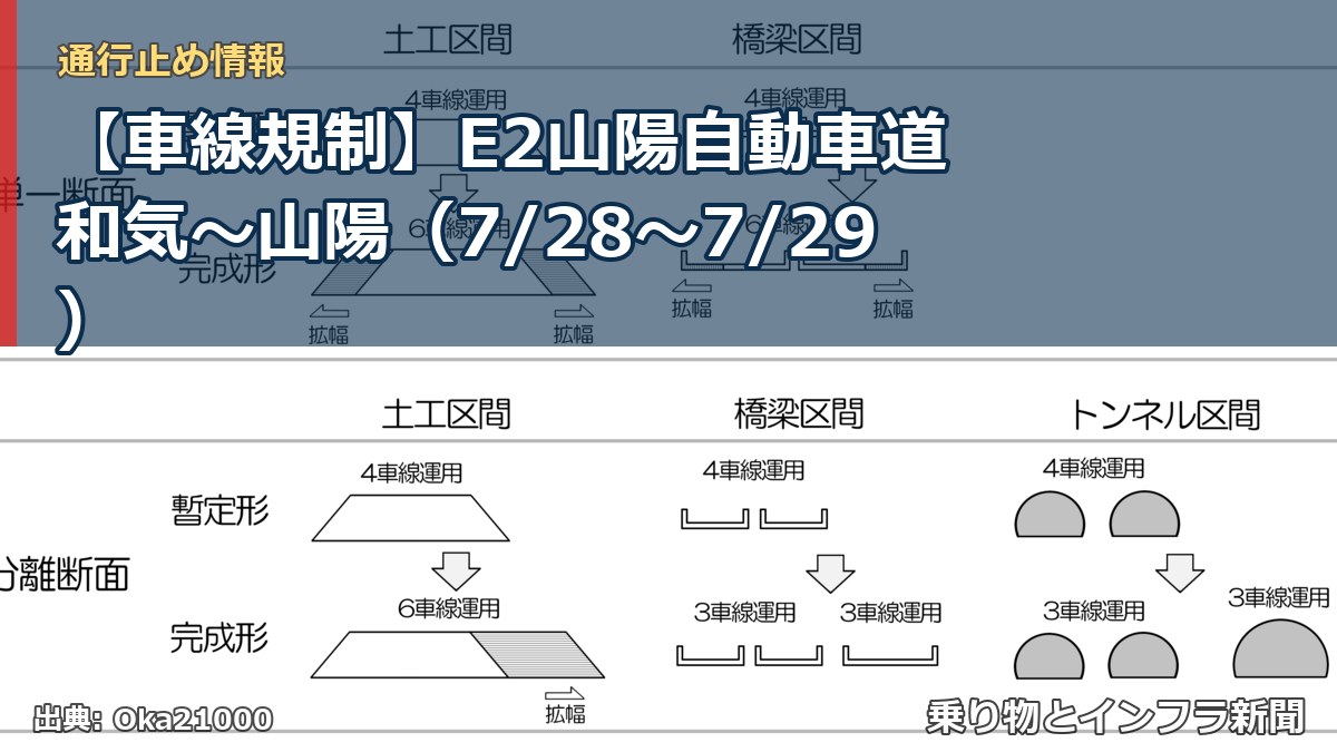 【車線規制】E2山陽自動車道 和気～山陽（7/28〜7/29）（乗り物とインフラ新聞）