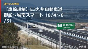 【車線規制】E3九州自動車道 御船～城南スマート（8/4〜8/5）（乗り物とインフラ新聞）