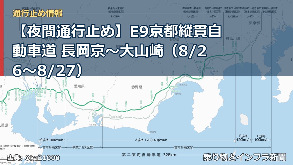 【夜間通行止め】E9京都縦貫自動車道 長岡京～大山崎（8/26〜8/27）（乗り物とインフラ新聞）