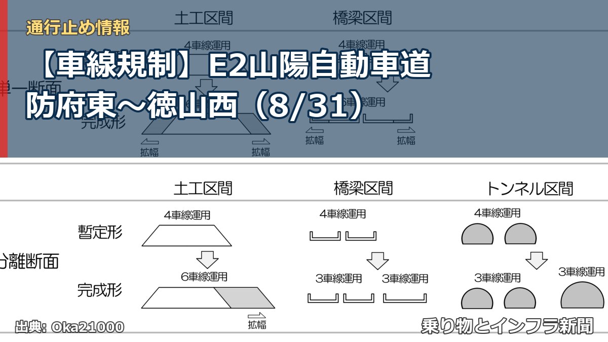 【車線規制】E2山陽自動車道 防府東～徳山西（8/31）（乗り物とインフラ新聞）