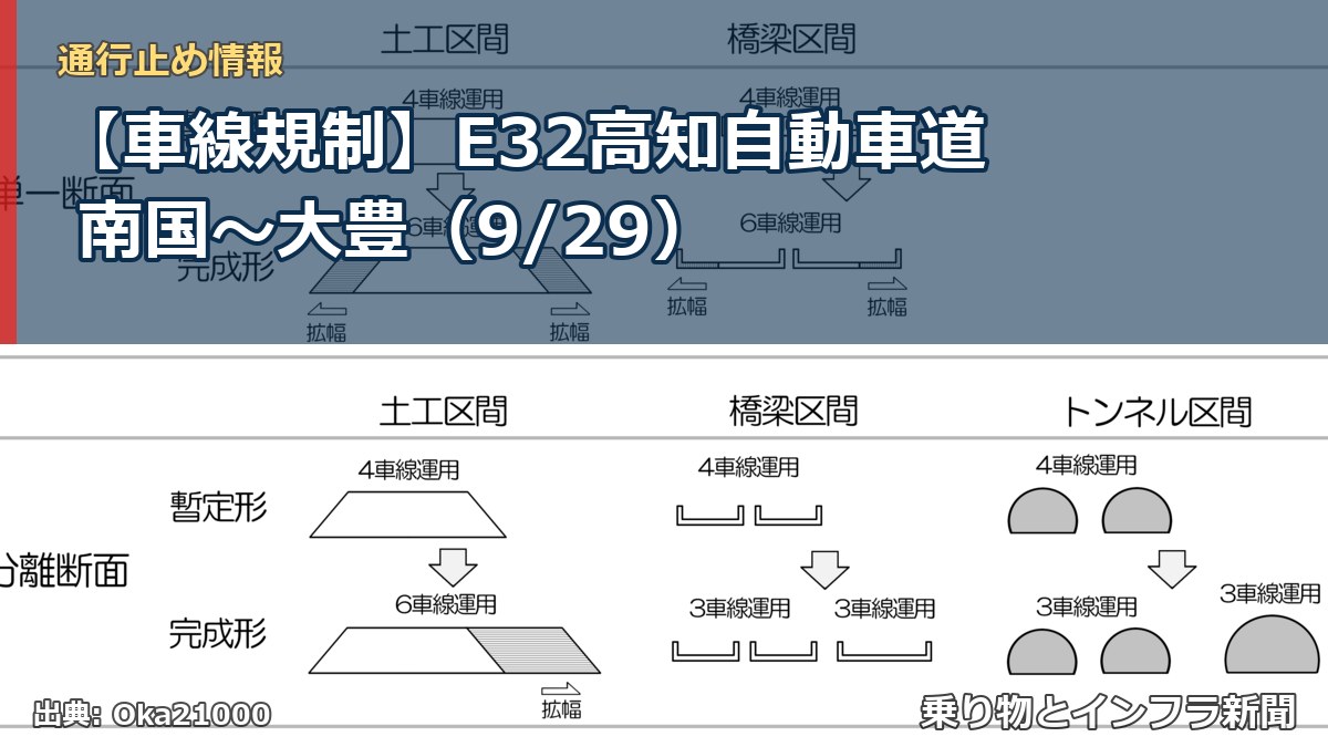 【車線規制】E32高知自動車道 南国～大豊（9/29）（乗り物とインフラ新聞）