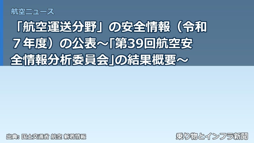 「航空運送分野」の安全情報（令和７年度）の公表～｢第39回航空安全情報分析委員会｣の結果概要～（乗り物とインフラ新聞）