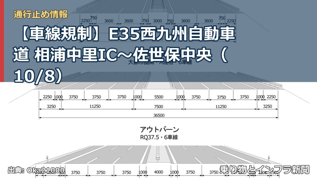 【車線規制】E35西九州自動車道 相浦中里IC～佐世保中央（10/8）（乗り物とインフラ新聞）